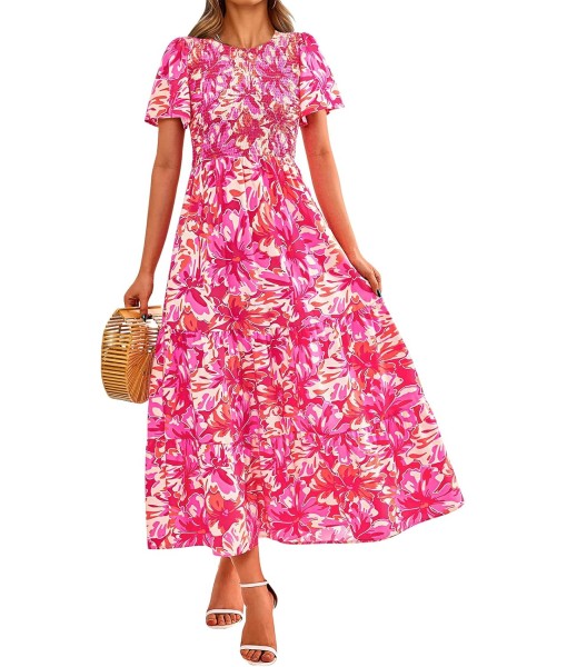 PRETTYGARDEN Women's 2025 Summer Casual Flutter Short Sleeve Boho Floral Maxi Dress Crew Neck Smocked Tiered Long Dresses