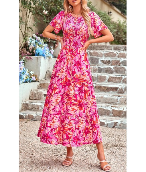 PRETTYGARDEN Women's 2025 Summer Casual Flutter Short Sleeve Boho Floral Maxi Dress Crew Neck Smocked Tiered Long Dresses