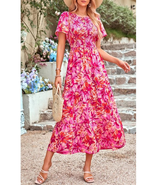 PRETTYGARDEN Women's 2025 Summer Casual Flutter Short Sleeve Boho Floral Maxi Dress Crew Neck Smocked Tiered Long Dresses