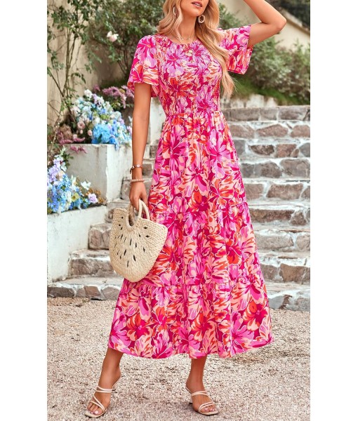 PRETTYGARDEN Women's 2025 Summer Casual Flutter Short Sleeve Boho Floral Maxi Dress Crew Neck Smocked Tiered Long Dresses