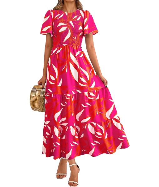 PRETTYGARDEN Women's 2025 Summer Casual Flutter Short Sleeve Boho Floral Maxi Dress Crew Neck Smocked Tiered Long Dresses