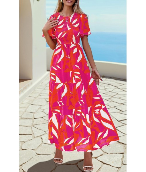 PRETTYGARDEN Women's 2025 Summer Casual Flutter Short Sleeve Boho Floral Maxi Dress Crew Neck Smocked Tiered Long Dresses