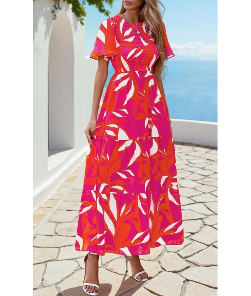 PRETTYGARDEN Women's 2025 Summer Casual Flutter Short Sleeve Boho Floral Maxi Dress Crew Neck Smocked Tiered Long Dresses