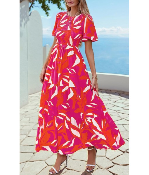 PRETTYGARDEN Women's 2025 Summer Casual Flutter Short Sleeve Boho Floral Maxi Dress Crew Neck Smocked Tiered Long Dresses