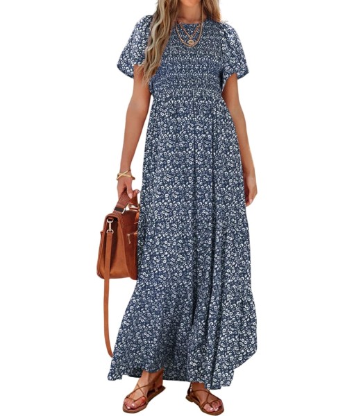 PRETTYGARDEN Women's 2025 Summer Casual Flutter Short Sleeve Boho Floral Maxi Dress Crew Neck Smocked Tiered Long Dresses