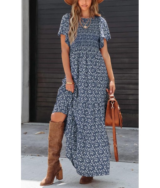 PRETTYGARDEN Women's 2025 Summer Casual Flutter Short Sleeve Boho Floral Maxi Dress Crew Neck Smocked Tiered Long Dresses