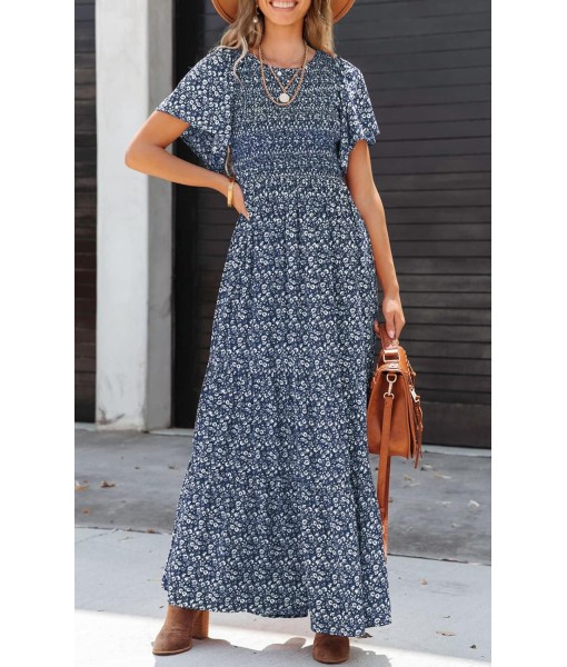 PRETTYGARDEN Women's 2025 Summer Casual Flutter Short Sleeve Boho Floral Maxi Dress Crew Neck Smocked Tiered Long Dresses