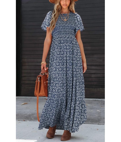 PRETTYGARDEN Women's 2025 Summer Casual Flutter Short Sleeve Boho Floral Maxi Dress Crew Neck Smocked Tiered Long Dresses