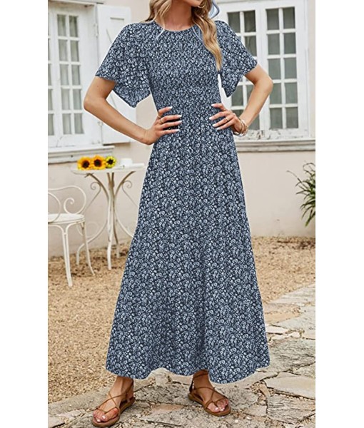 PRETTYGARDEN Women's 2025 Summer Casual Flutter Short Sleeve Boho Floral Maxi Dress Crew Neck Smocked Tiered Long Dresses