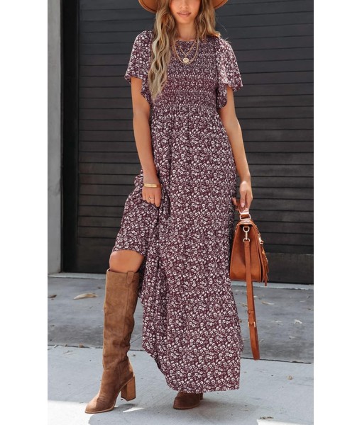 PRETTYGARDEN Women's 2025 Summer Casual Flutter Short Sleeve Boho Floral Maxi Dress Crew Neck Smocked Tiered Long Dresses