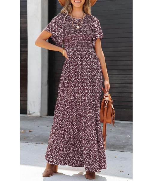 PRETTYGARDEN Women's 2025 Summer Casual Flutter Short Sleeve Boho Floral Maxi Dress Crew Neck Smocked Tiered Long Dresses