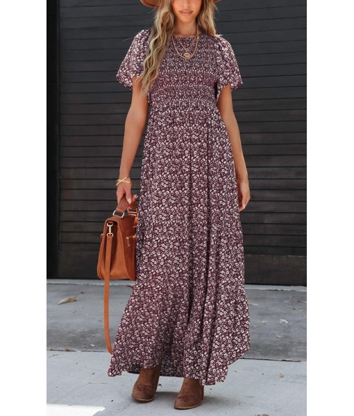 PRETTYGARDEN Women's 2025 Summer Casual Flutter Short Sleeve Boho Floral Maxi Dress Crew Neck Smocked Tiered Long Dresses