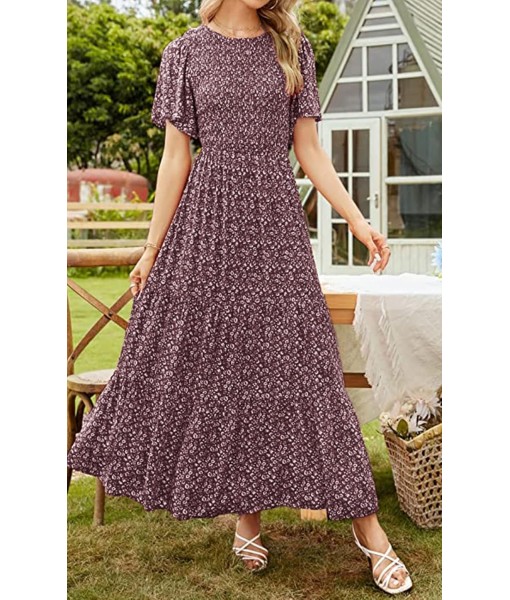 PRETTYGARDEN Women's 2025 Summer Casual Flutter Short Sleeve Boho Floral Maxi Dress Crew Neck Smocked Tiered Long Dresses