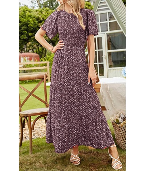 PRETTYGARDEN Women's 2025 Summer Casual Flutter Short Sleeve Boho Floral Maxi Dress Crew Neck Smocked Tiered Long Dresses