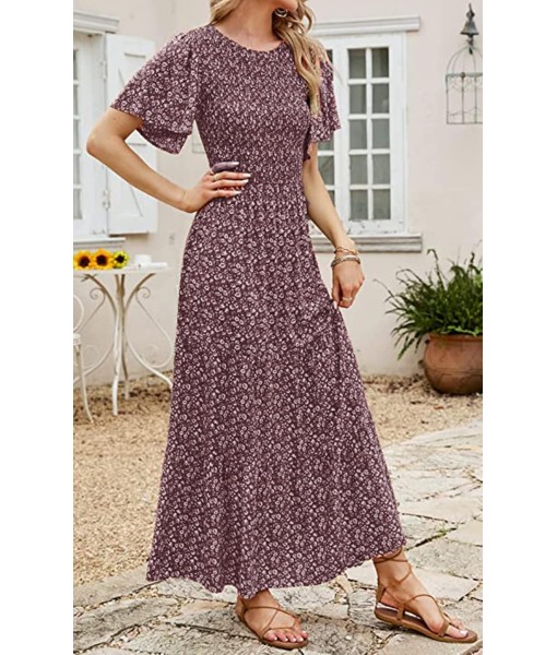 PRETTYGARDEN Women's 2025 Summer Casual Flutter Short Sleeve Boho Floral Maxi Dress Crew Neck Smocked Tiered Long Dresses