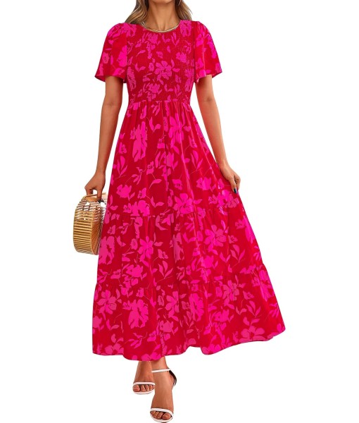 PRETTYGARDEN Women's 2025 Summer Casual Flutter Short Sleeve Boho Floral Maxi Dress Crew Neck Smocked Tiered Long Dresses