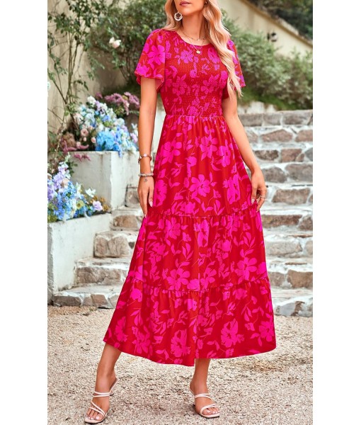 PRETTYGARDEN Women's 2025 Summer Casual Flutter Short Sleeve Boho Floral Maxi Dress Crew Neck Smocked Tiered Long Dresses