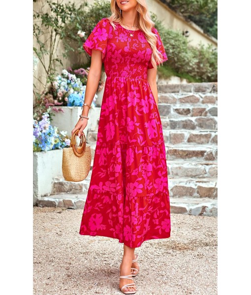 PRETTYGARDEN Women's 2025 Summer Casual Flutter Short Sleeve Boho Floral Maxi Dress Crew Neck Smocked Tiered Long Dresses
