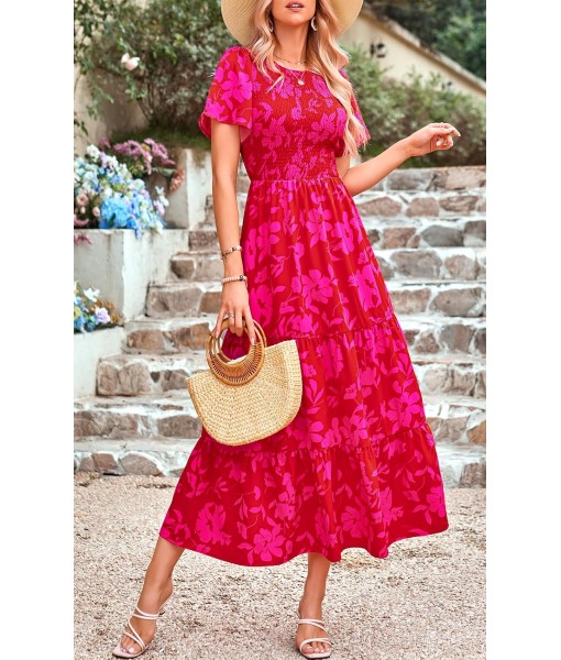 PRETTYGARDEN Women's 2025 Summer Casual Flutter Short Sleeve Boho Floral Maxi Dress Crew Neck Smocked Tiered Long Dresses