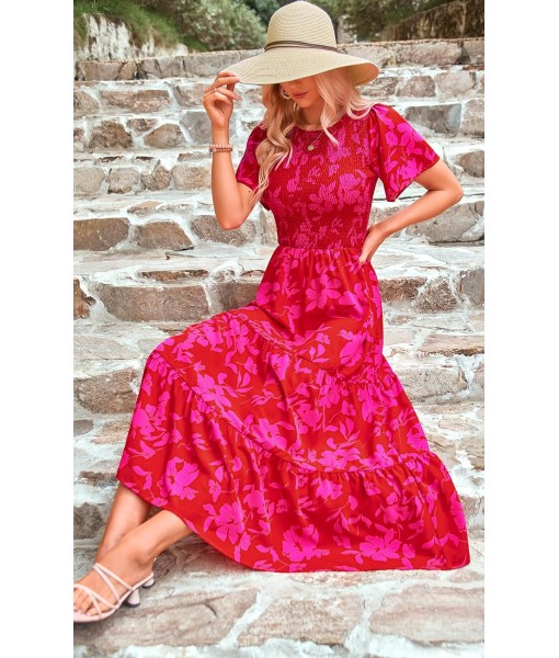 PRETTYGARDEN Women's 2025 Summer Casual Flutter Short Sleeve Boho Floral Maxi Dress Crew Neck Smocked Tiered Long Dresses