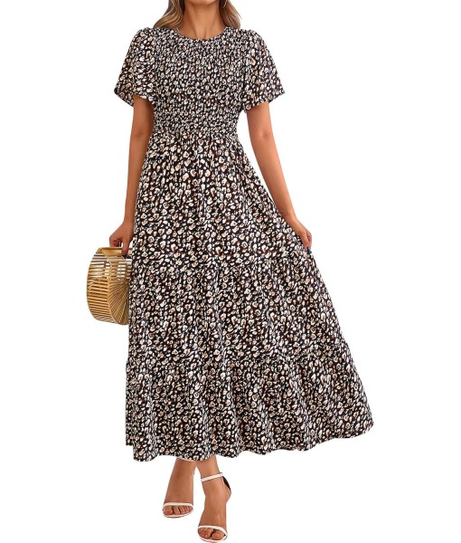PRETTYGARDEN Women's 2025 Summer Casual Flutter Short Sleeve Boho Floral Maxi Dress Crew Neck Smocked Tiered Long Dresses