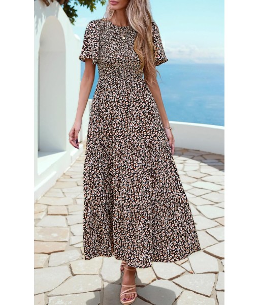 PRETTYGARDEN Women's 2025 Summer Casual Flutter Short Sleeve Boho Floral Maxi Dress Crew Neck Smocked Tiered Long Dresses