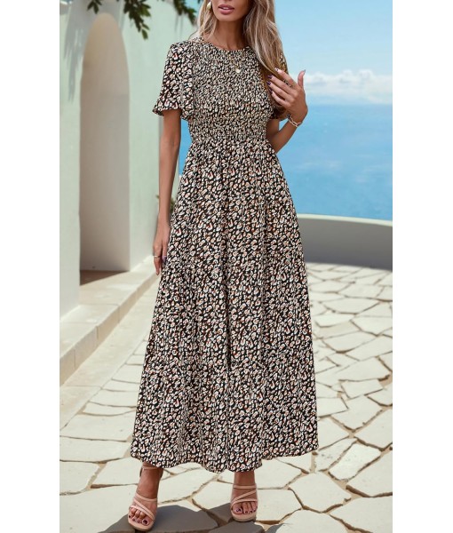 PRETTYGARDEN Women's 2025 Summer Casual Flutter Short Sleeve Boho Floral Maxi Dress Crew Neck Smocked Tiered Long Dresses