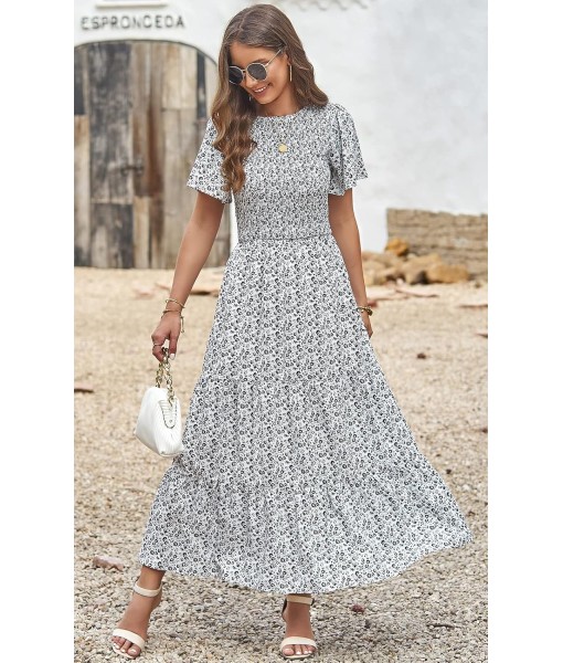 PRETTYGARDEN Women's 2025 Summer Casual Flutter Short Sleeve Boho Floral Maxi Dress Crew Neck Smocked Tiered Long Dresses