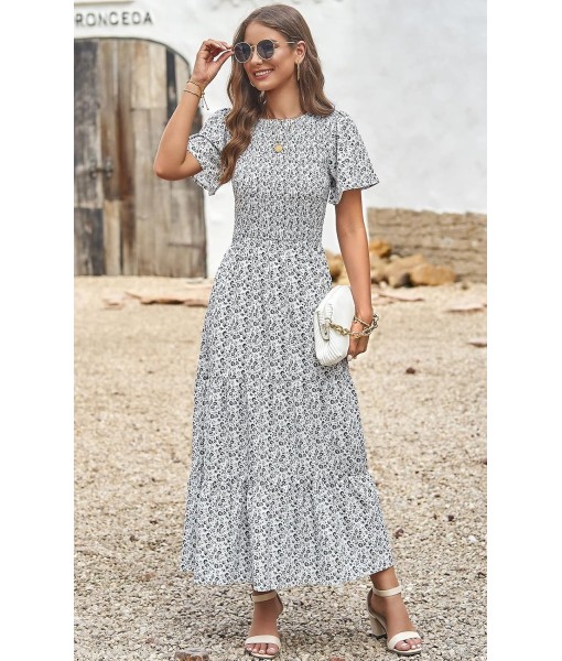 PRETTYGARDEN Women's 2025 Summer Casual Flutter Short Sleeve Boho Floral Maxi Dress Crew Neck Smocked Tiered Long Dresses