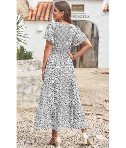 PRETTYGARDEN Women's 2025 Summer Casual Flutter Short Sleeve Boho Floral Maxi Dress Crew Neck Smocked Tiered Long Dresses