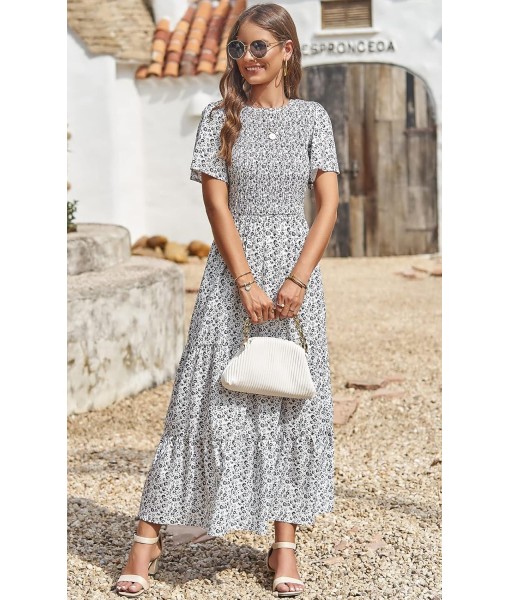 PRETTYGARDEN Women's 2025 Summer Casual Flutter Short Sleeve Boho Floral Maxi Dress Crew Neck Smocked Tiered Long Dresses