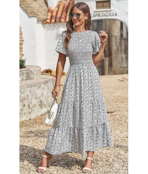PRETTYGARDEN Women's 2025 Summer Casual Flutter Short Sleeve Boho Floral Maxi Dress Crew Neck Smocked Tiered Long Dresses
