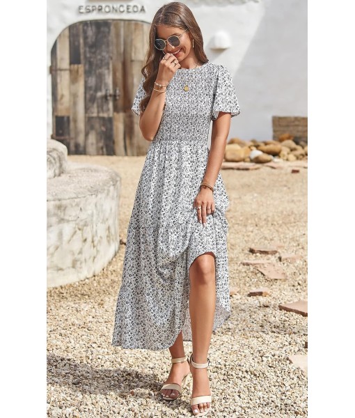 PRETTYGARDEN Women's 2025 Summer Casual Flutter Short Sleeve Boho Floral Maxi Dress Crew Neck Smocked Tiered Long Dresses