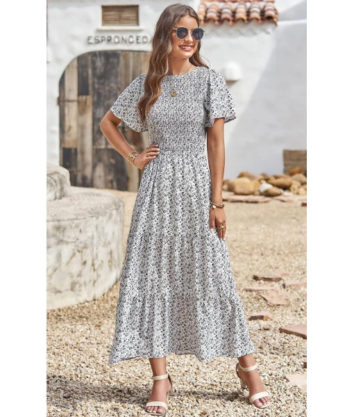 PRETTYGARDEN Women's 2025 Summer Casual Flutter Short Sleeve Boho Floral Maxi Dress Crew Neck Smocked Tiered Long Dresses