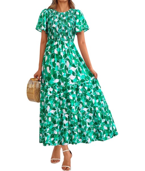 PRETTYGARDEN Women's 2025 Summer Casual Flutter Short Sleeve Boho Floral Maxi Dress Crew Neck Smocked Tiered Long Dresses