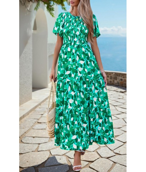 PRETTYGARDEN Women's 2025 Summer Casual Flutter Short Sleeve Boho Floral Maxi Dress Crew Neck Smocked Tiered Long Dresses