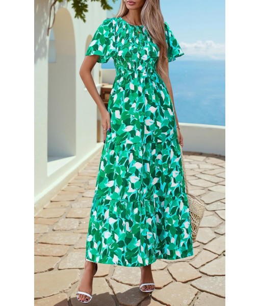 PRETTYGARDEN Women's 2025 Summer Casual Flutter Short Sleeve Boho Floral Maxi Dress Crew Neck Smocked Tiered Long Dresses
