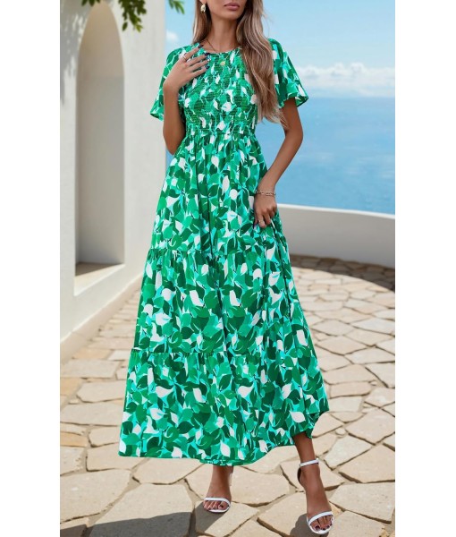 PRETTYGARDEN Women's 2025 Summer Casual Flutter Short Sleeve Boho Floral Maxi Dress Crew Neck Smocked Tiered Long Dresses