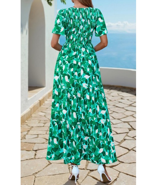 PRETTYGARDEN Women's 2025 Summer Casual Flutter Short Sleeve Boho Floral Maxi Dress Crew Neck Smocked Tiered Long Dresses