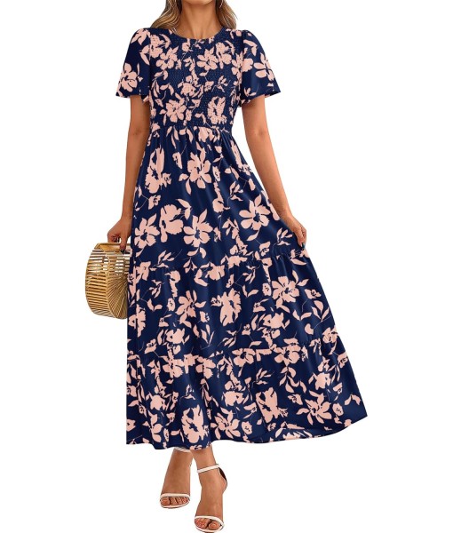 PRETTYGARDEN Women's 2025 Summer Casual Flutter Short Sleeve Boho Floral Maxi Dress Crew Neck Smocked Tiered Long Dresses