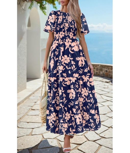 PRETTYGARDEN Women's 2025 Summer Casual Flutter Short Sleeve Boho Floral Maxi Dress Crew Neck Smocked Tiered Long Dresses
