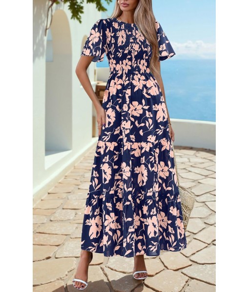 PRETTYGARDEN Women's 2025 Summer Casual Flutter Short Sleeve Boho Floral Maxi Dress Crew Neck Smocked Tiered Long Dresses