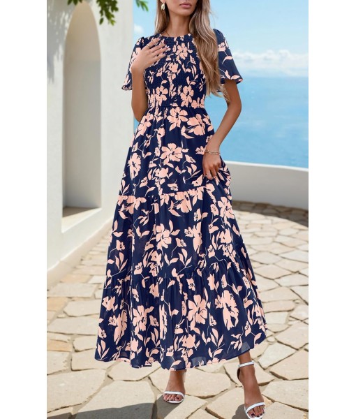 PRETTYGARDEN Women's 2025 Summer Casual Flutter Short Sleeve Boho Floral Maxi Dress Crew Neck Smocked Tiered Long Dresses