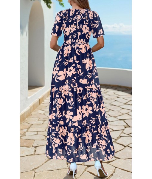 PRETTYGARDEN Women's 2025 Summer Casual Flutter Short Sleeve Boho Floral Maxi Dress Crew Neck Smocked Tiered Long Dresses