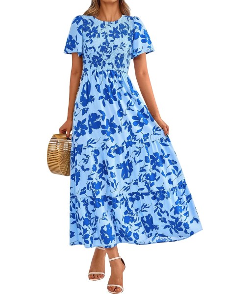 PRETTYGARDEN Women's 2025 Summer Casual Flutter Short Sleeve Boho Floral Maxi Dress Crew Neck Smocked Tiered Long Dresses