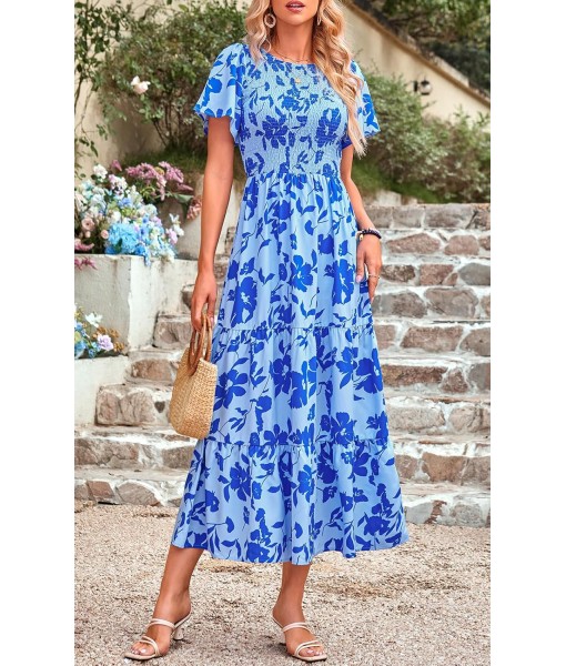 PRETTYGARDEN Women's 2025 Summer Casual Flutter Short Sleeve Boho Floral Maxi Dress Crew Neck Smocked Tiered Long Dresses