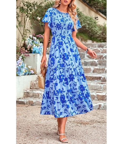 PRETTYGARDEN Women's 2025 Summer Casual Flutter Short Sleeve Boho Floral Maxi Dress Crew Neck Smocked Tiered Long Dresses