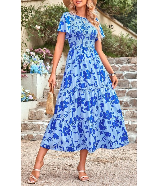PRETTYGARDEN Women's 2025 Summer Casual Flutter Short Sleeve Boho Floral Maxi Dress Crew Neck Smocked Tiered Long Dresses