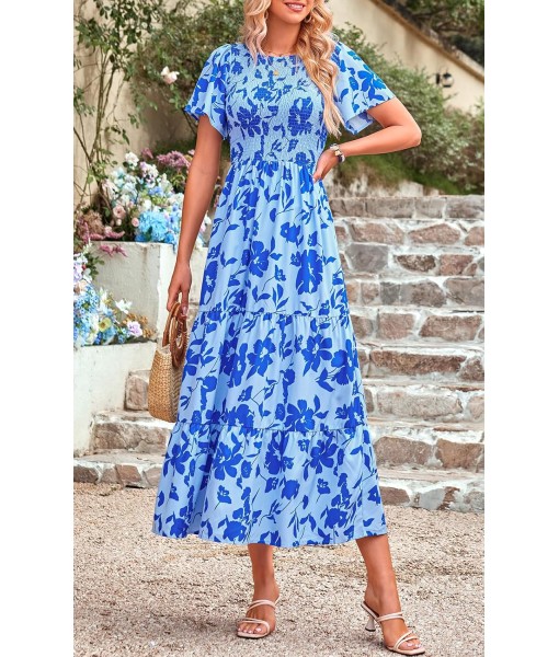 PRETTYGARDEN Women's 2025 Summer Casual Flutter Short Sleeve Boho Floral Maxi Dress Crew Neck Smocked Tiered Long Dresses