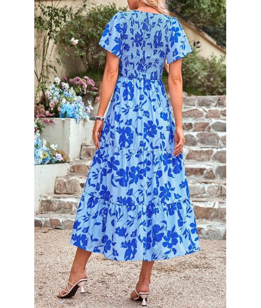 PRETTYGARDEN Women's 2025 Summer Casual Flutter Short Sleeve Boho Floral Maxi Dress Crew Neck Smocked Tiered Long Dresses